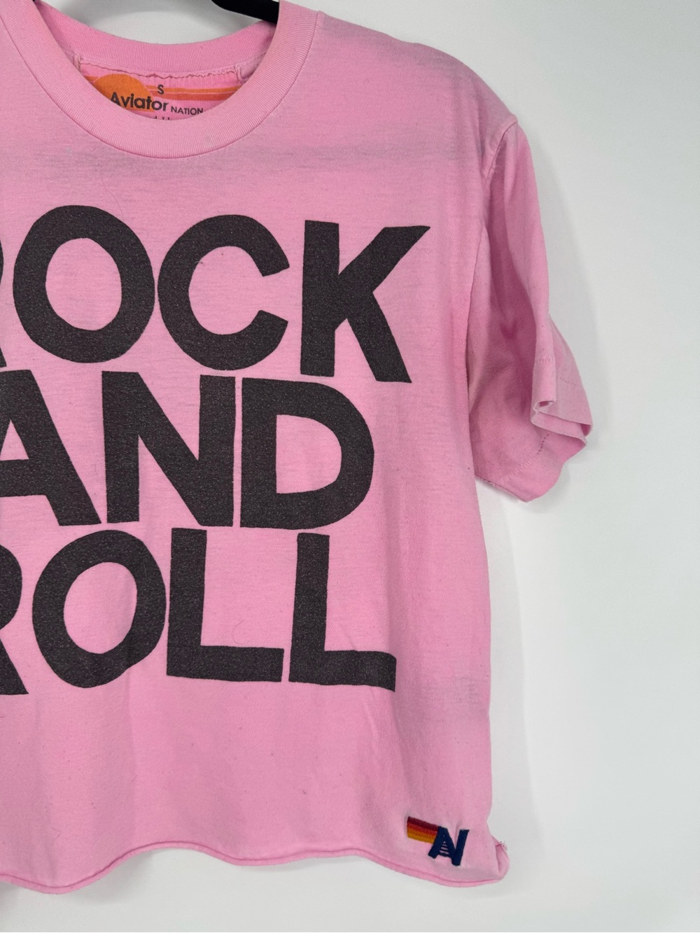Aviator Nation Rock and Roll Boyfriend Tee Neon Pink & Black Crew Neck Boxy Sz S - Picture 5 of 10